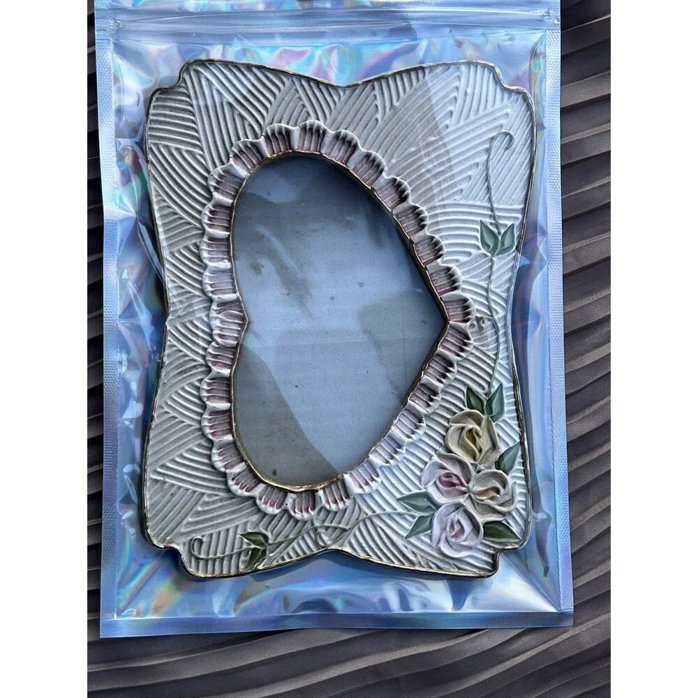 Vintage Hand Painted Ceramic Rose Picture Frame Cottage Shabby Chic